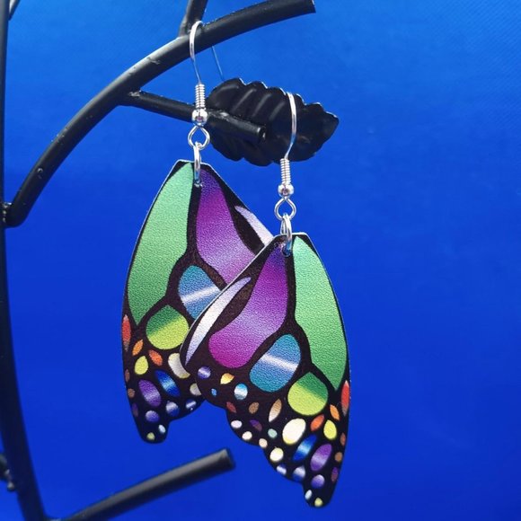 Vegan Leather Green/Purple Butterfly Wing Earrings. - Picture 3 of 4